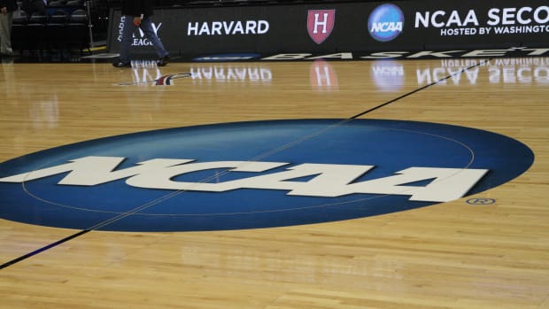 NCAA logo on the court Spokane 14